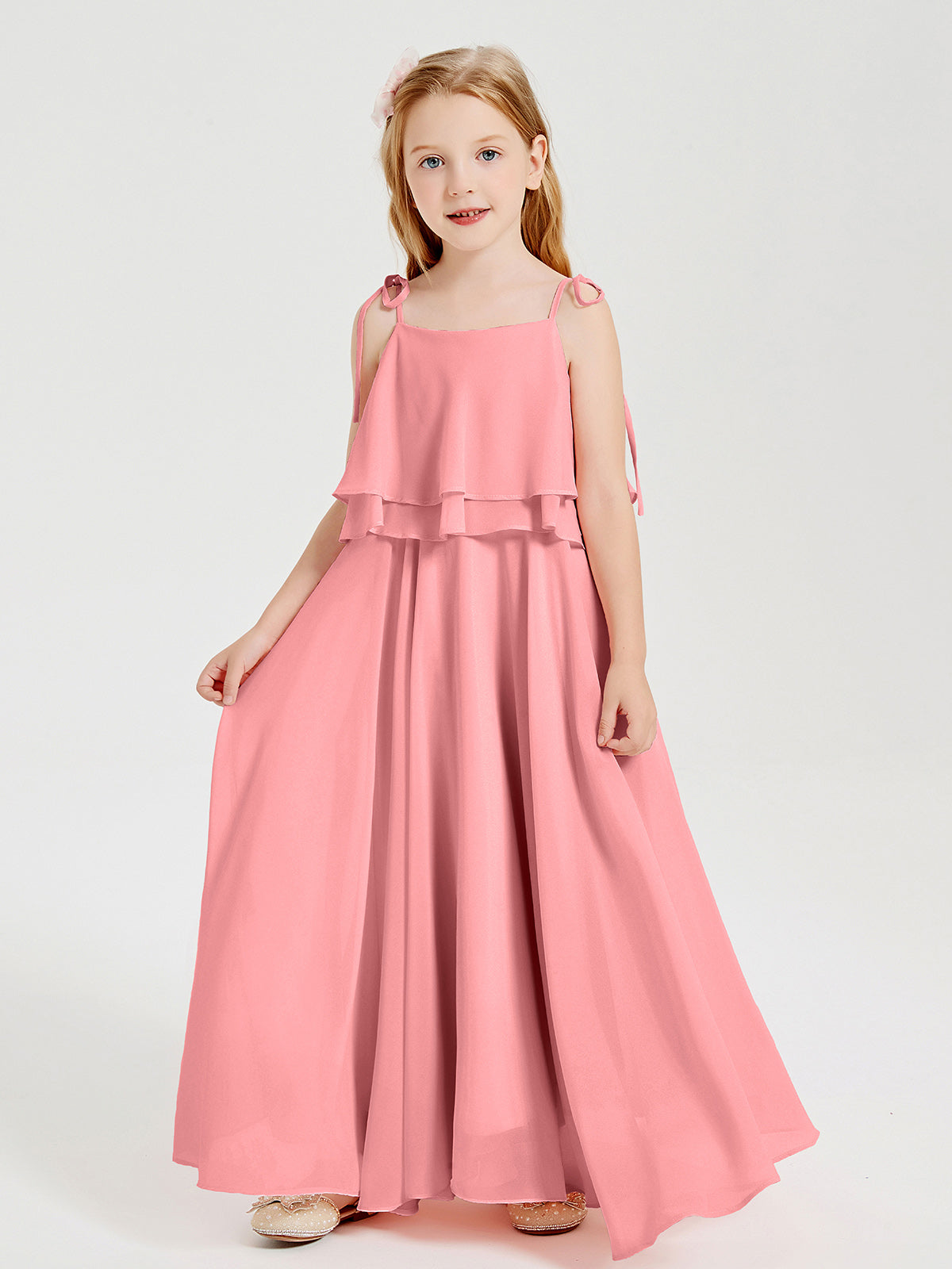 Chiffon Junior Bridesmaid Dresses Long Cascading Skirt Flamingo